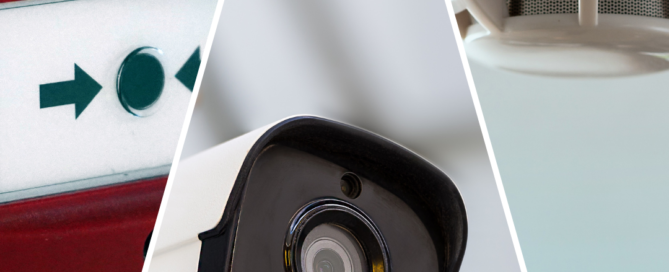 A picture of a fire alarm, a camera and a smoke detector