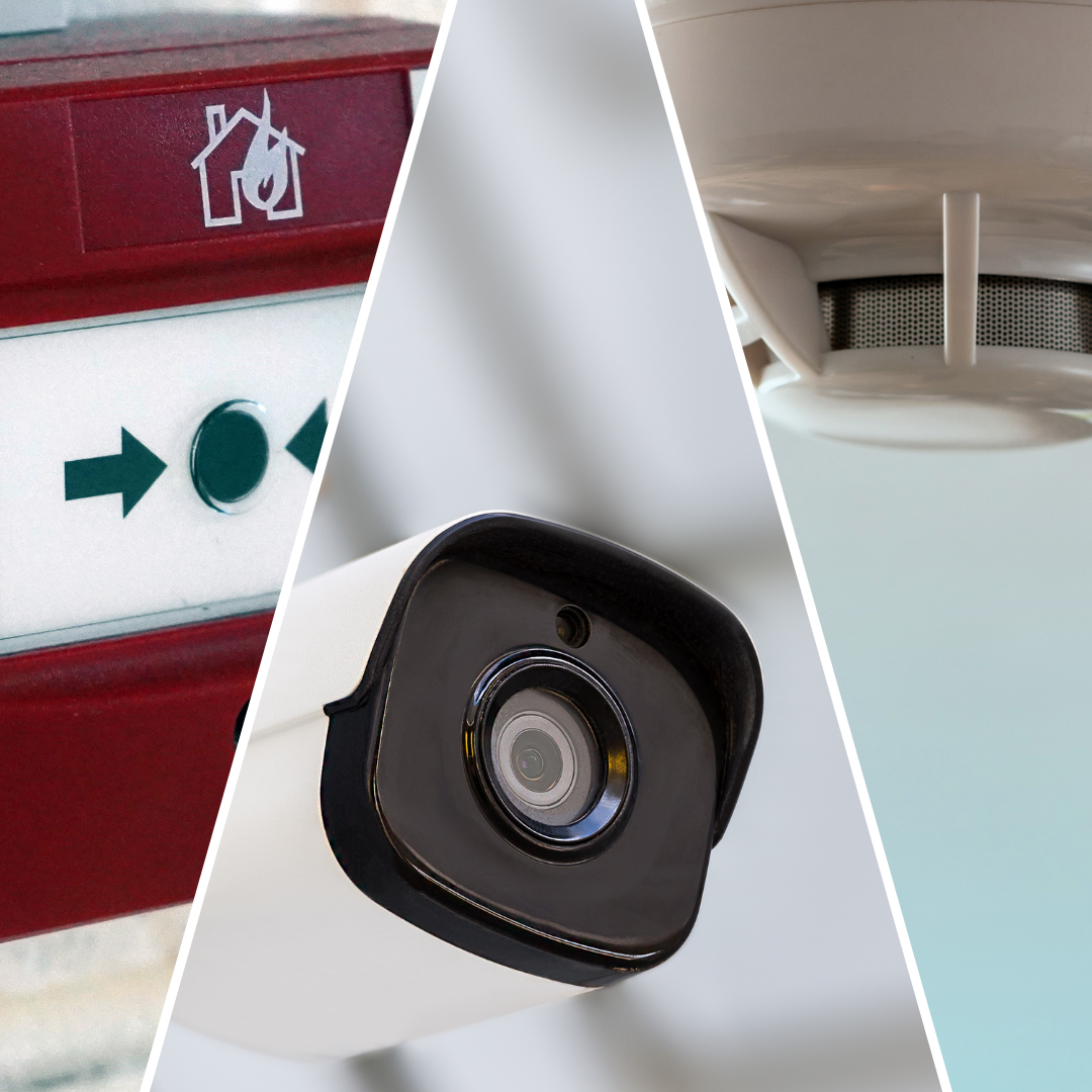 A picture of a fire alarm, a camera and a smoke detector